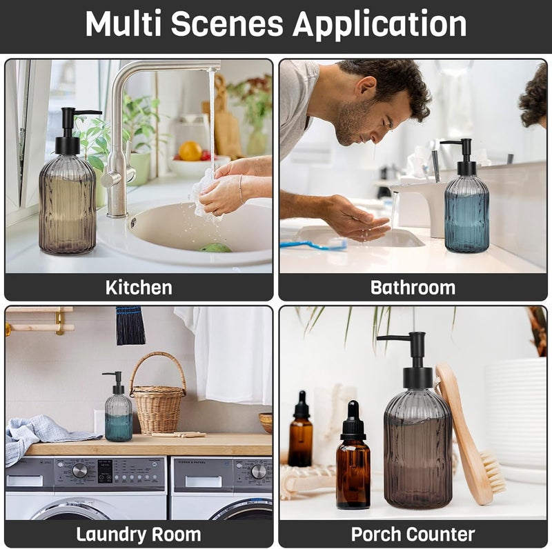 Ulable 2 Pack 11oz Glass Soap Dispenser with Plastic Pump, Vertical Stripe Design Refillable Hand Soap Dispenser for Hand Wash, Bathroom and Kitchen - Image 3